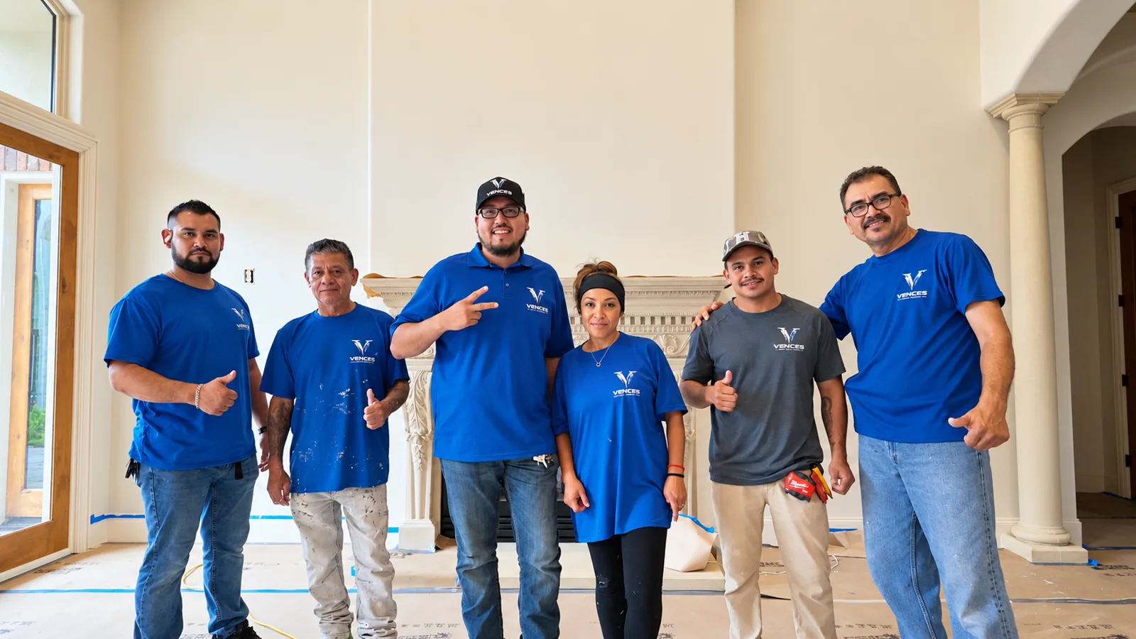 The Vences House Painters crew in their blue shirts inside a home they are painting
